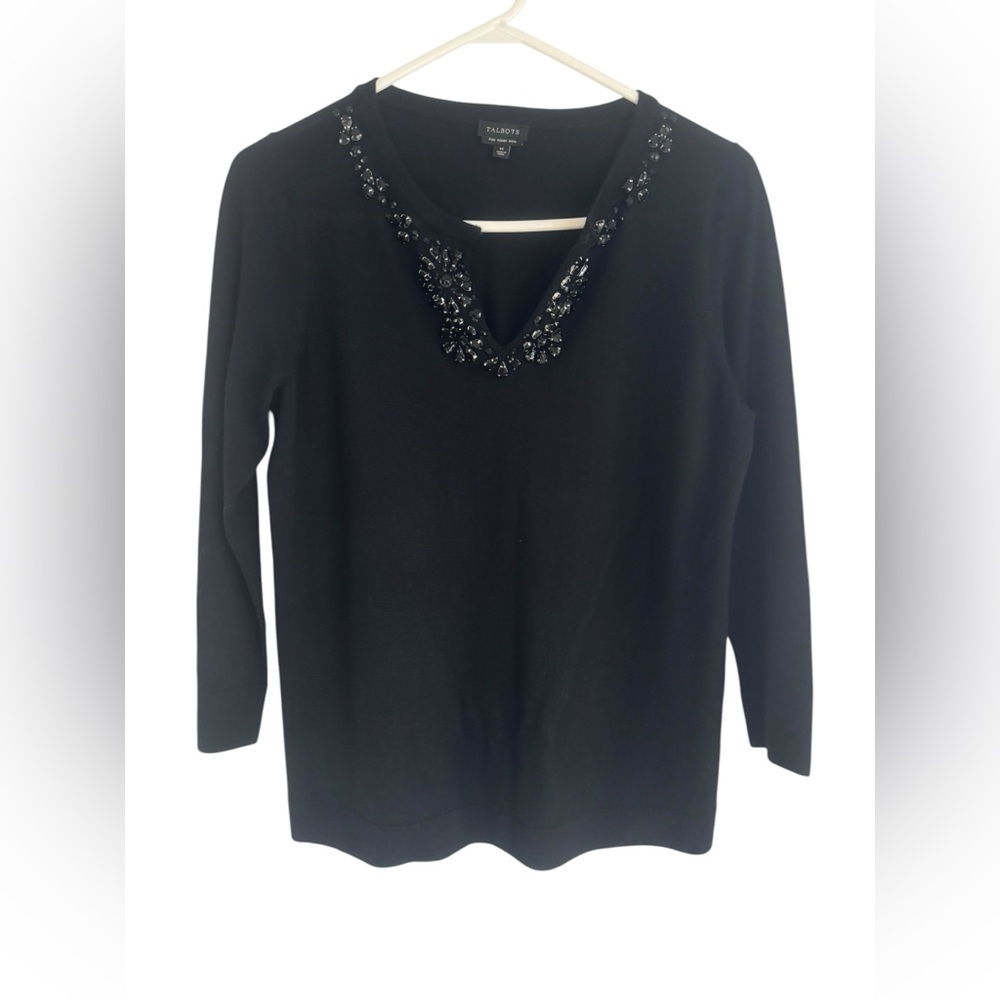 Talbots Black Embellished Women's Pure Merino Wool Top, Size M.